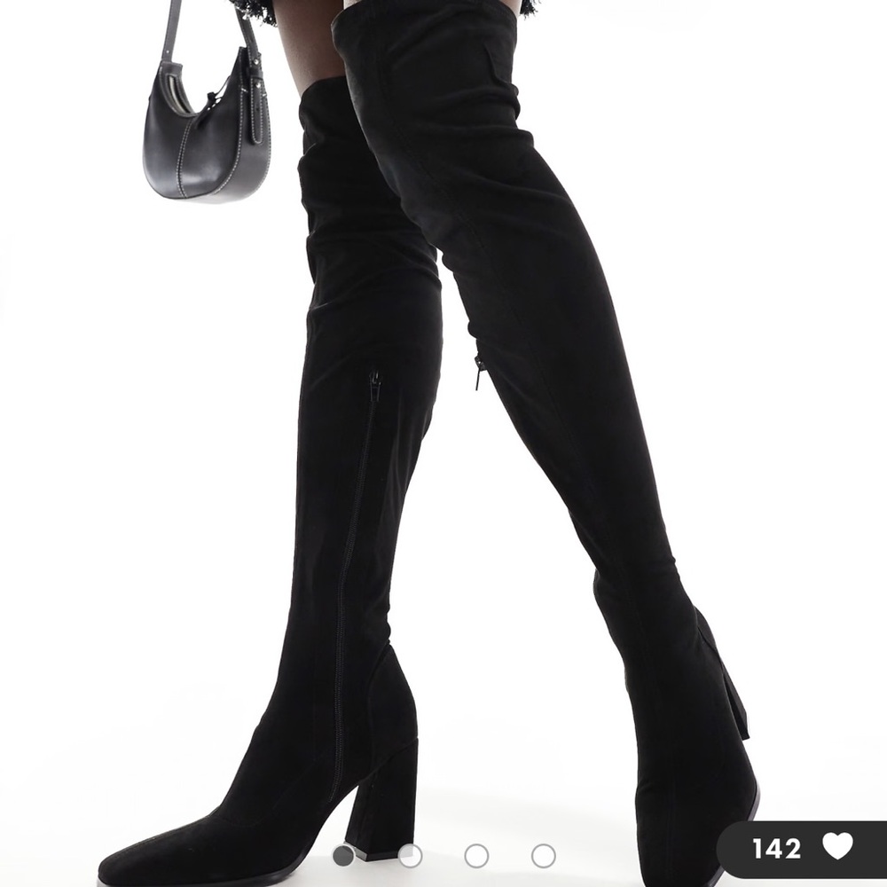 Asos Keely Black Faux Suede Block Heel Over The Knee Boots